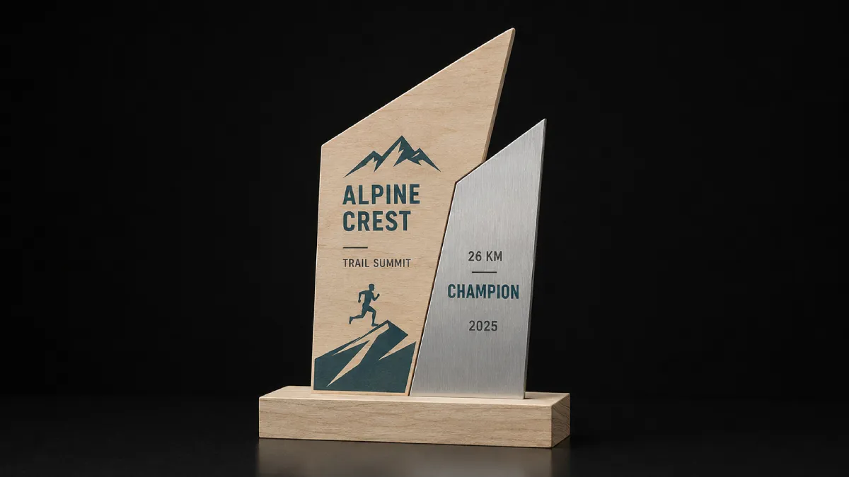 Statuetki-eco-trial-stal-drewno-sklejka-S0009-2 Trail-Trophäen mit Holz und Metall