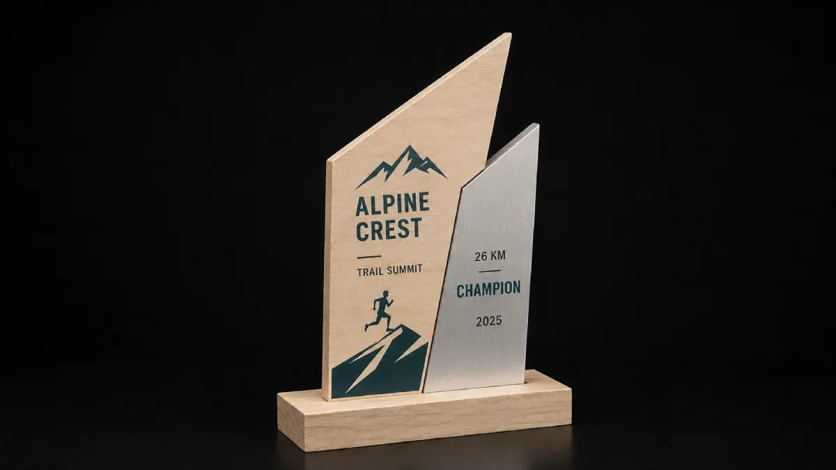 Statuetki-eco-trial-stal-drewno-sklejka-S0009-3 Trail-Trophäen mit Holz und Metall